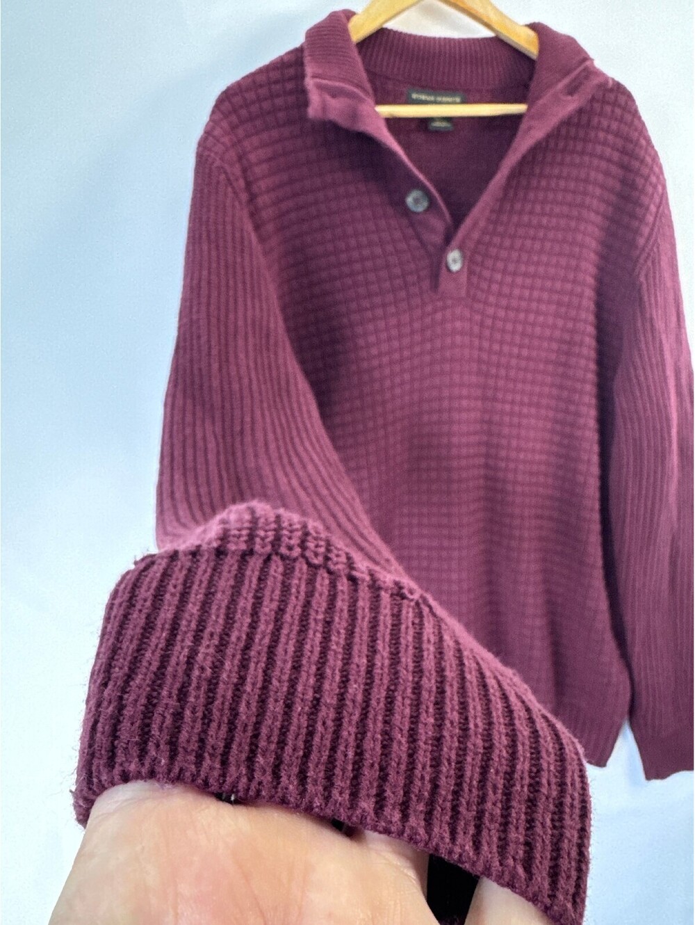 Burgundy Waffle Knit Button Mock Neck Cotton Sweater Old Money Preppy Mens L - Picture 3 of 9